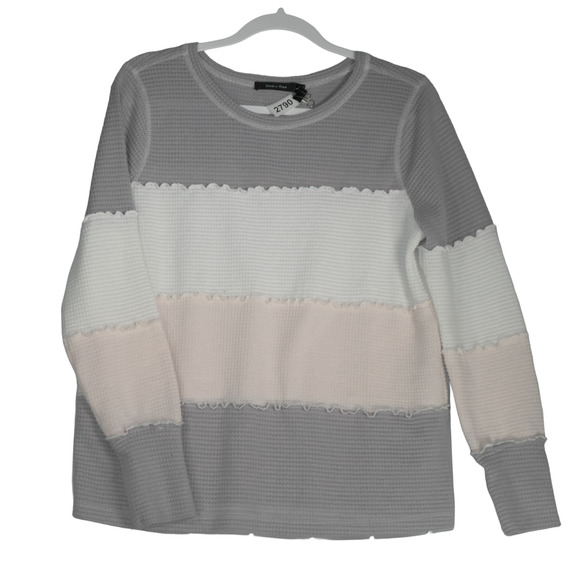 Doe & Rae Sweater Women Large Gray Pink Colorblock Waffle Knit Ruffle Cozy - Picture 1 of 8